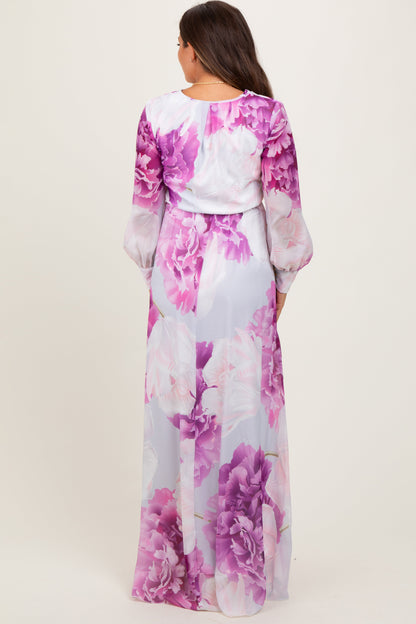 Purple Floral Chiffon Long Sleeve Maternity Maxi Dress