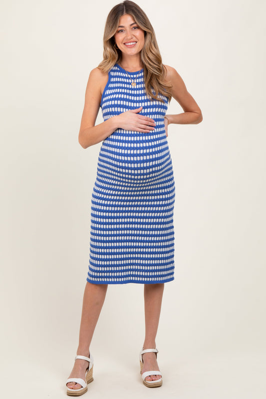 Blue-White Stripe Sleeveless Round Neck Knit Maternity Midi Dress