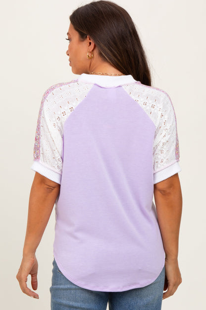 Lavender Floral Lace Inset Short Sleeve Maternity Top