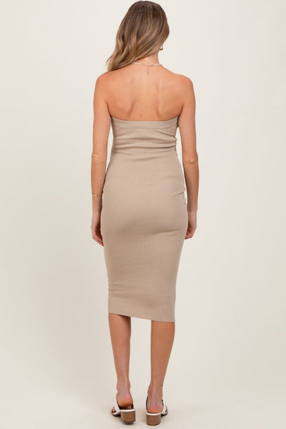 Taupe Fitted Tube Knit Maternity Midi Dress