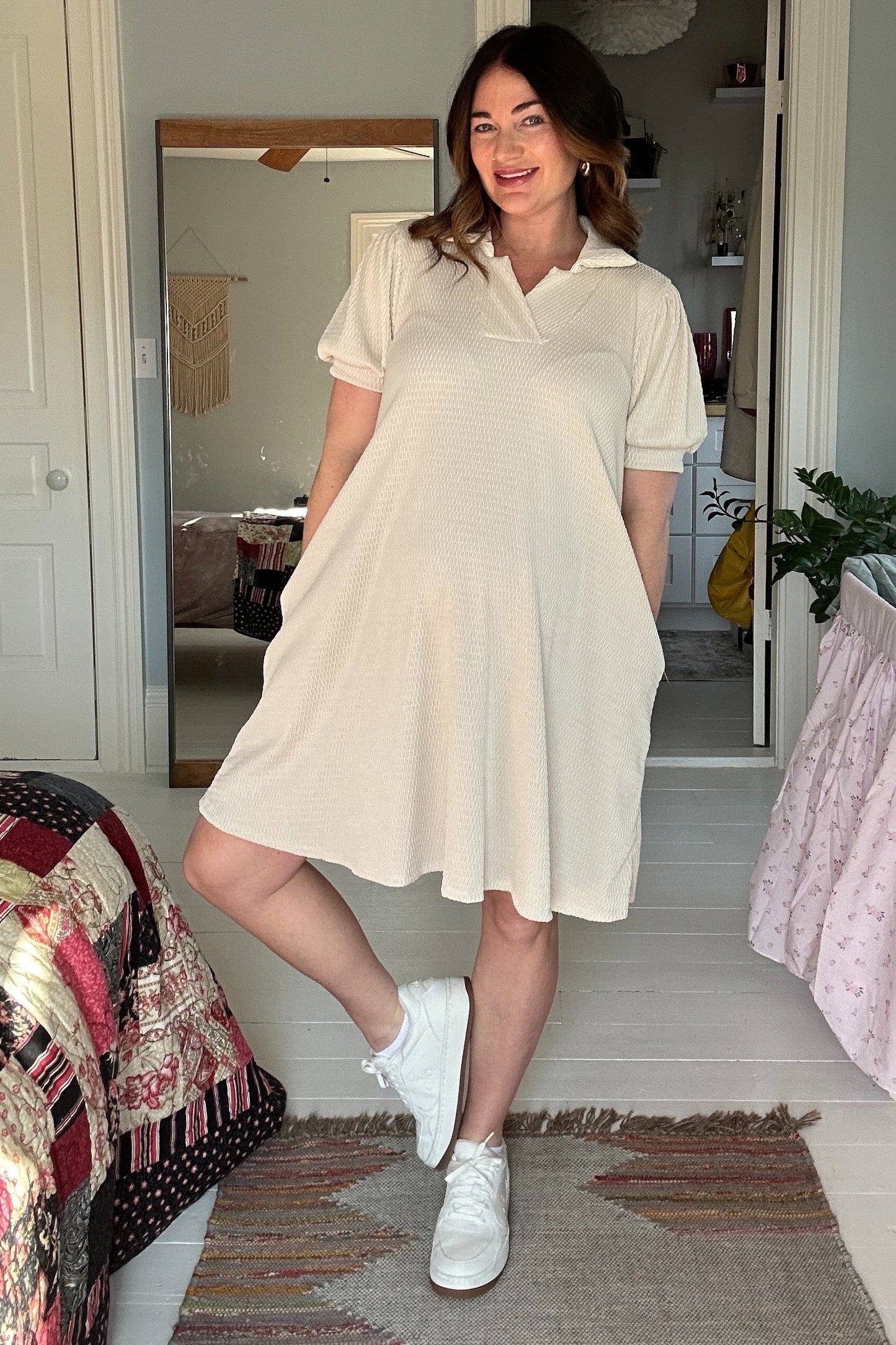 Cream Textured Maternity Polo Dress