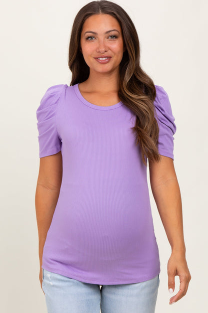 Lavender Ribbed Ruched Short Sleeve Maternity Top