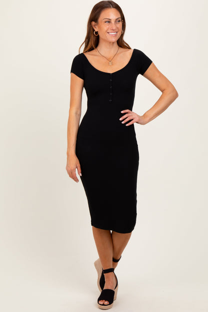 Black Ribbed Wide Neckline Fitted Maternity Midi Dress