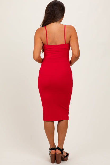 Red Button Detail Thin Strap Fitted Maternity Midi Dress