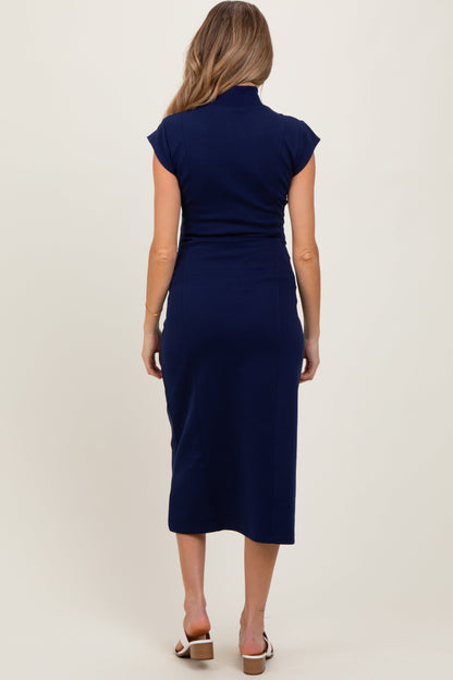 Navy Mock Neck Short Sleeve Maternity Midi Dress