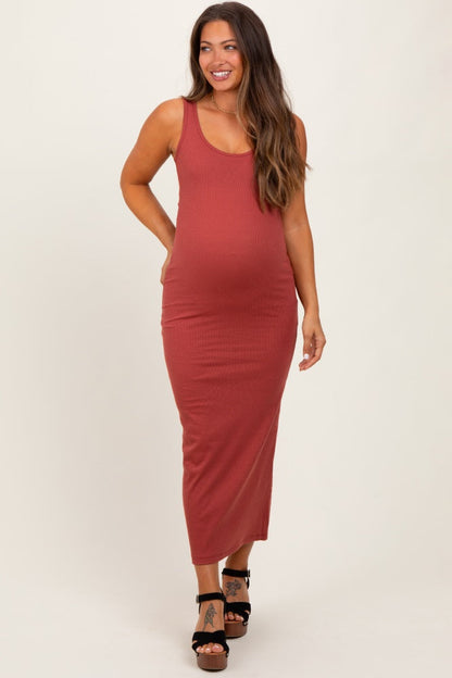 Rust Ribbed Basic Maternity Maxi Dress