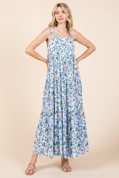 Blue Floral Sleeveless Tiered Maternity Maxi Dress