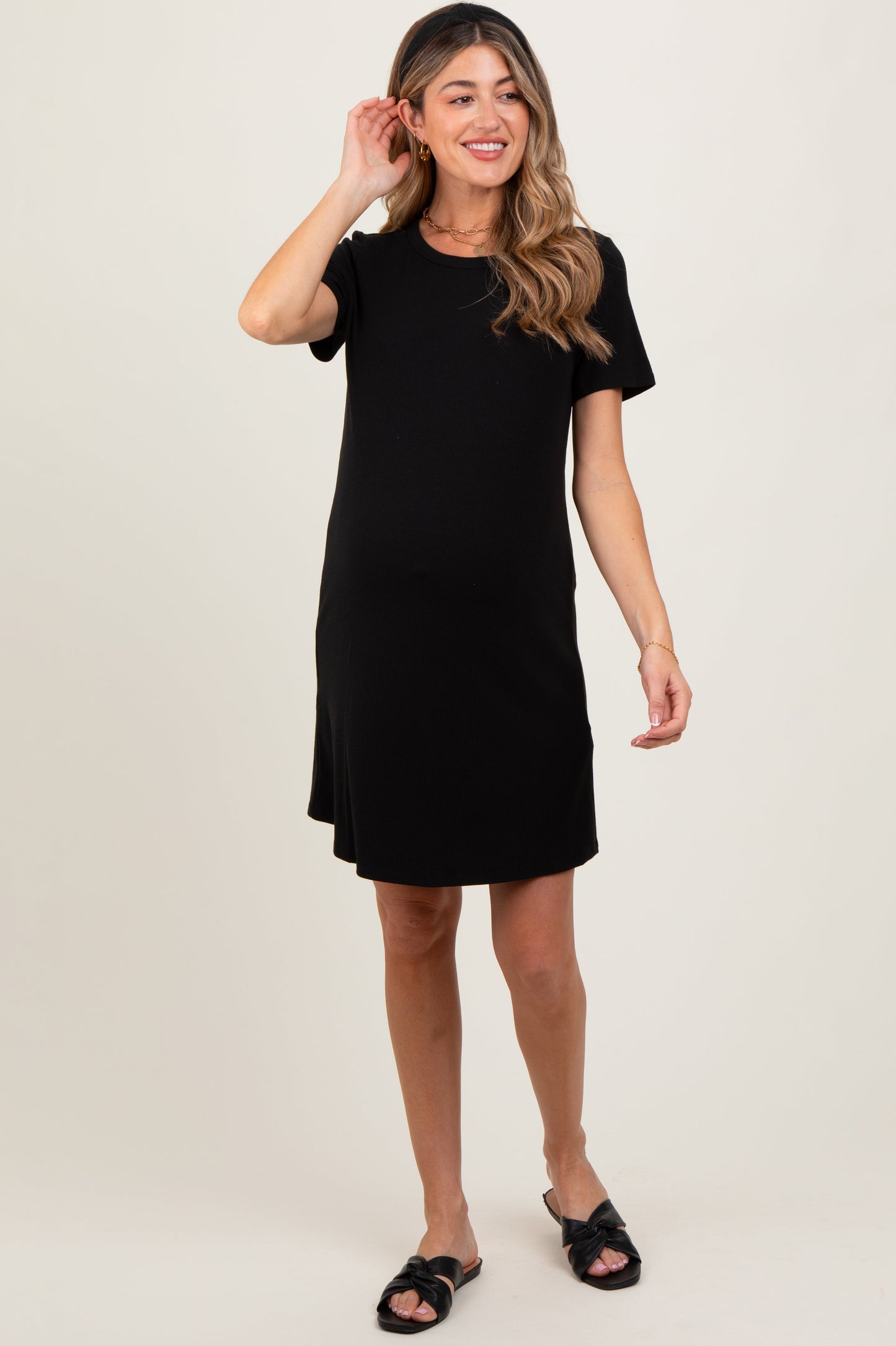 Black Ribbed Knit Basic Short Sleeve Maternity T-Shirt Dress