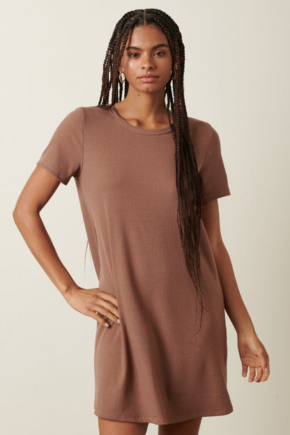 Brown Ribbed Knit Basic Short Sleeve Maternity T-Shirt Dress
