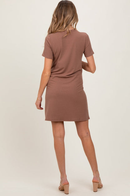 Brown Ribbed Knit Basic Short Sleeve Maternity T-Shirt Dress