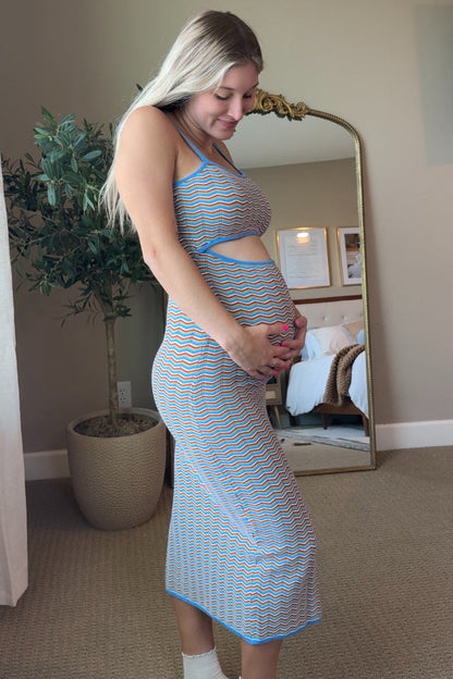 Aqua Chevron Knit Cutout Fitted Maternity Midi Dress