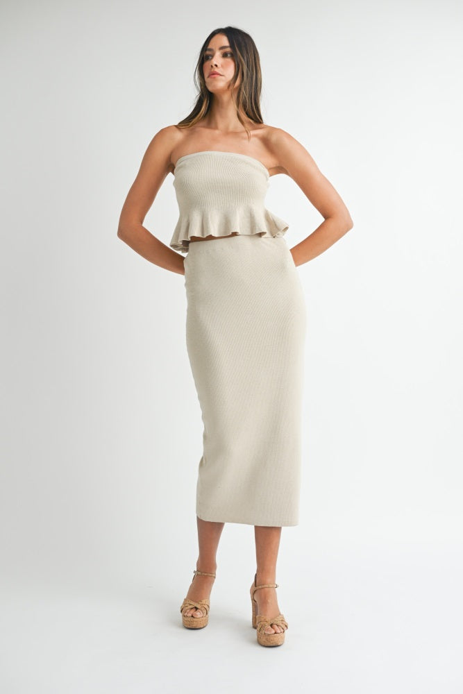 Cream Strapless Ribbed Knit Peplum Top Midi Skirt Maternity Set