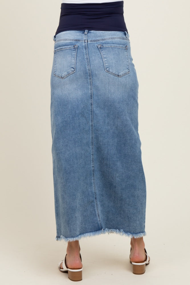 Blue Front Slit Fringe Hem Maternity Denim Maxi Skirt