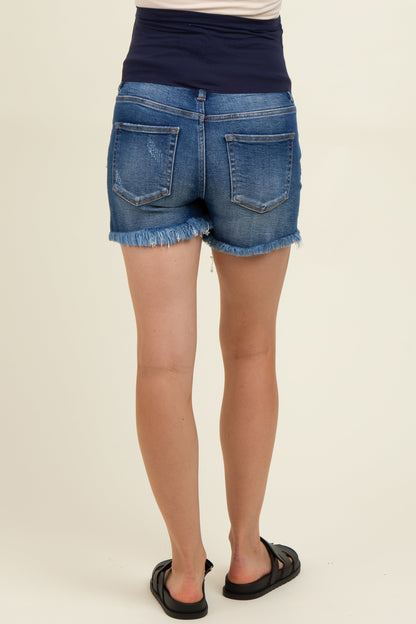 Navy Fringe Hem Side Slit Maternity Denim Shorts