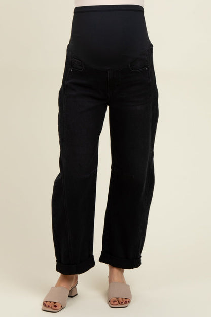 Black Rolled Cuff Barrel Leg Maternity Jeans
