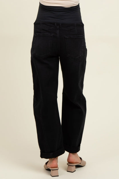 Black Rolled Cuff Barrel Leg Maternity Jeans