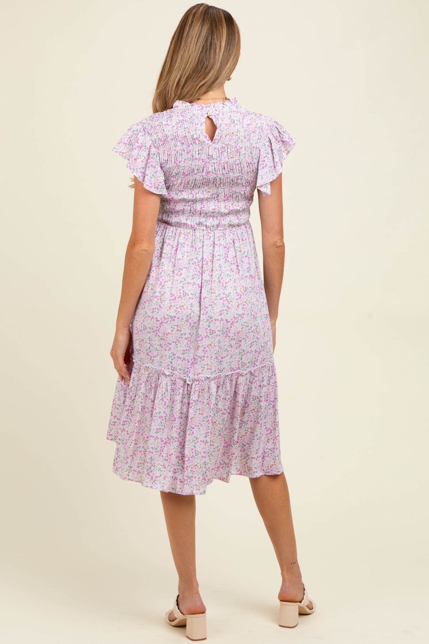 Pink Floral Mock Neck Smocked Ruffe Sleeve Maternity Midi Dress