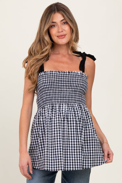 Black Gingham Smocked Shoulder Tie Maternity Top