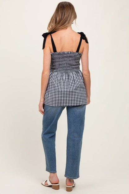 Black Gingham Smocked Shoulder Tie Maternity Top
