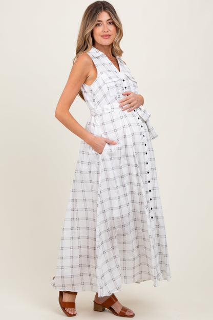 White Plaid Sleeveless Sash Tie Maternity Shirt Dress
