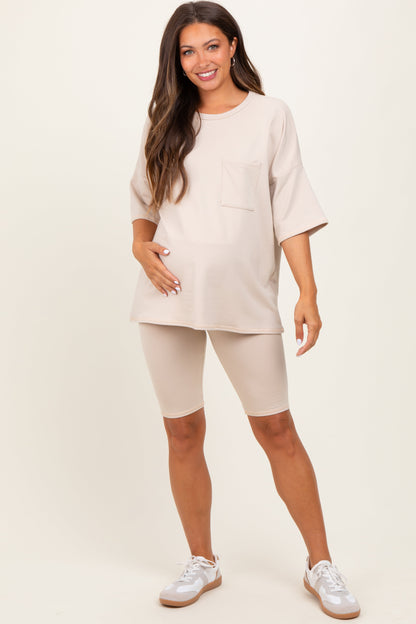 Beige Oversized Short Sleeve Biker Short Maternity Set