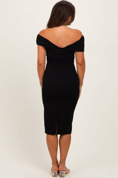 Black Off Shoulder Fitted Maternity Midi Dress