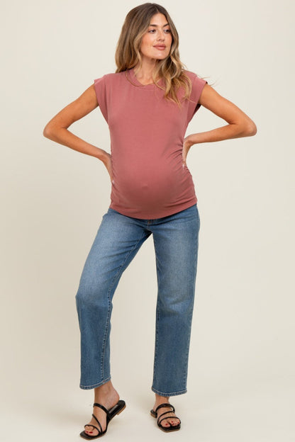 Rust Side Ruched Maternity Short Sleeve Top