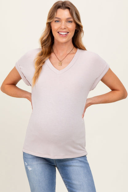 Taupe Terry V-Neck Maternity Short Sleeve Top