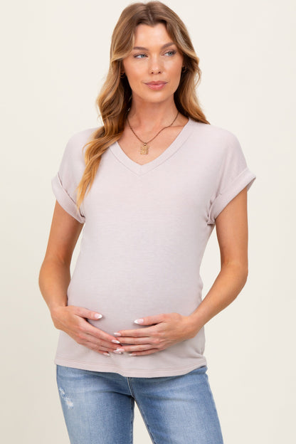 Taupe Terry V-Neck Maternity Short Sleeve Top