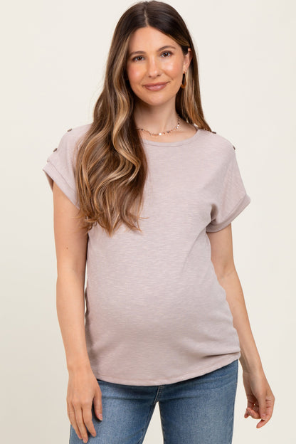 Taupe Button Shoulder Detail Maternity Short Sleeve Top