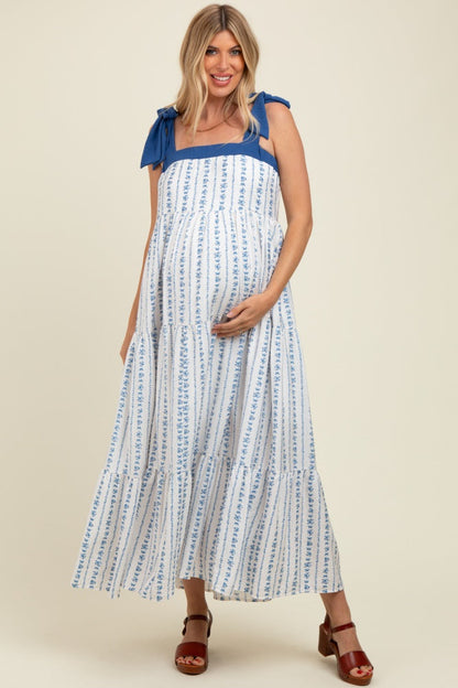 Blue/White Ditzy Floral Sleeveless Tiered Maternity Maxi Dress