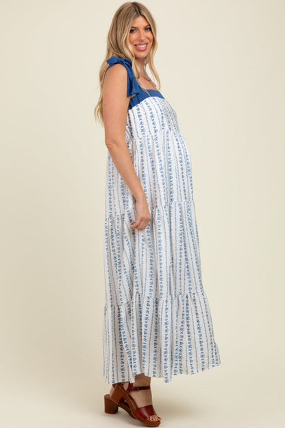 Blue/White Ditzy Floral Sleeveless Tiered Maternity Maxi Dress