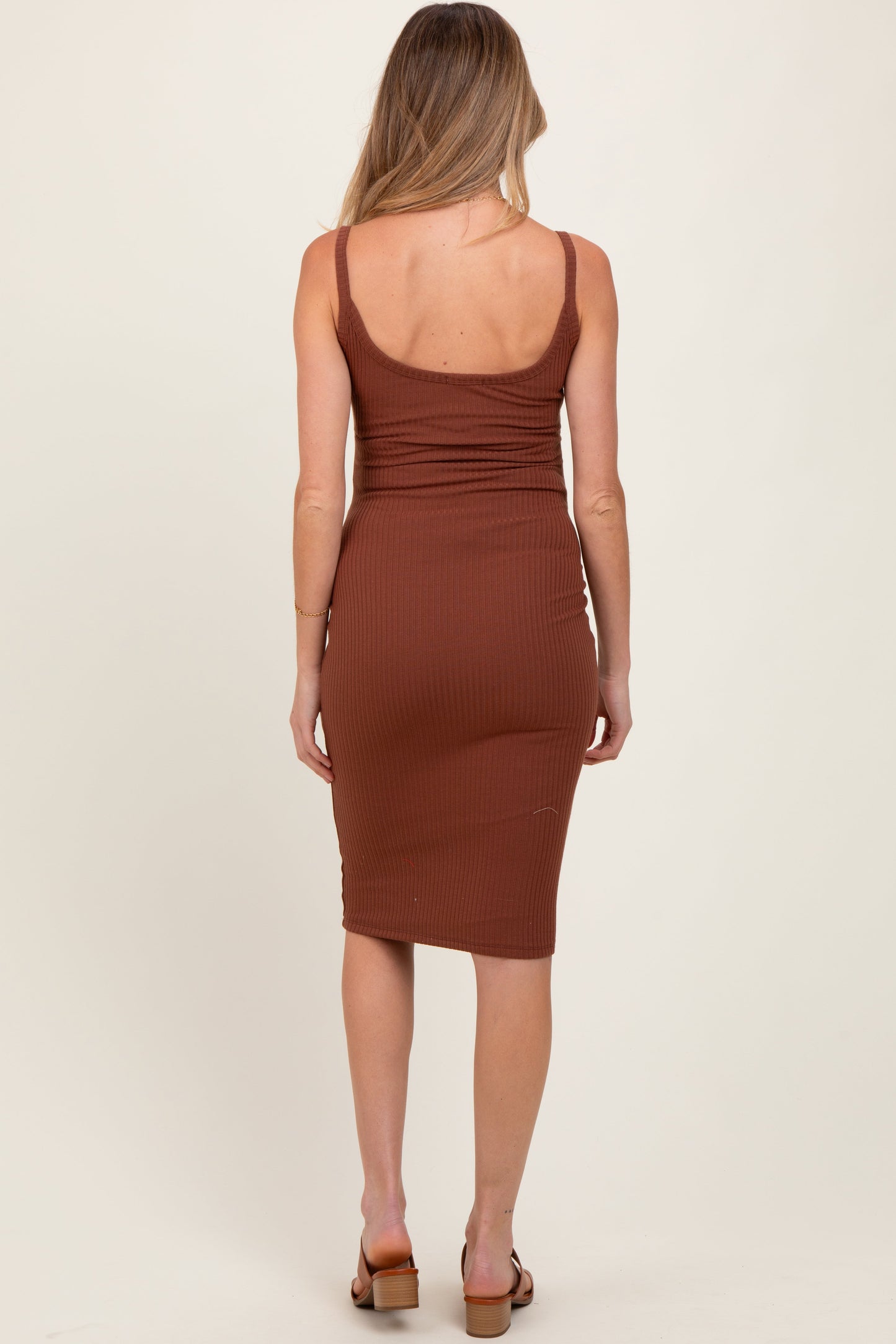 Brown Double Layer Heavy Ribbed Sleeveless Maternity Dress
