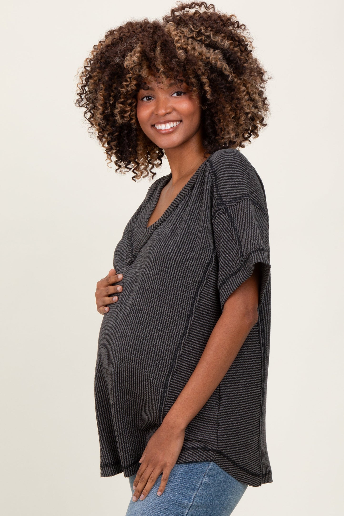 Charcoal Ribbed Raw Hem Maternity Short Sleeve Top