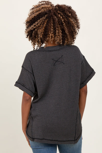Charcoal Ribbed Raw Hem Maternity Short Sleeve Top