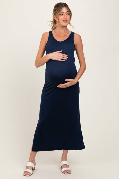 Navy Basic Pocket Sleeveless Maternity Maxi Dress
