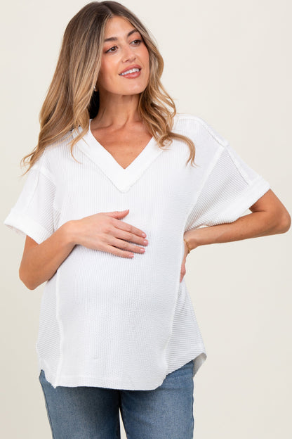 White Ribbed Raw Hem Maternity Short Sleeve Top