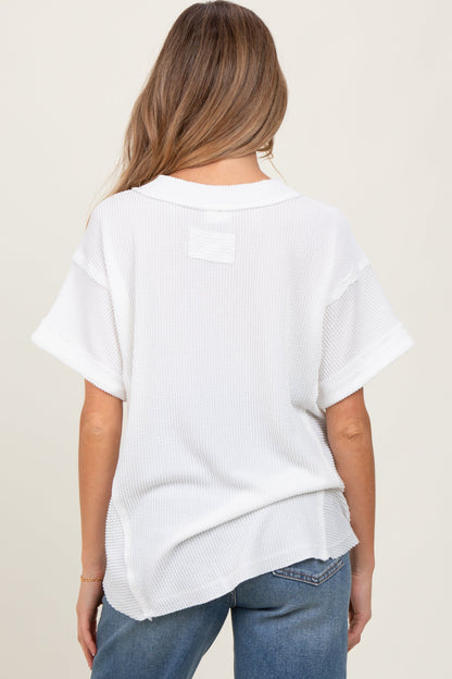 White Ribbed Raw Hem Maternity Short Sleeve Top
