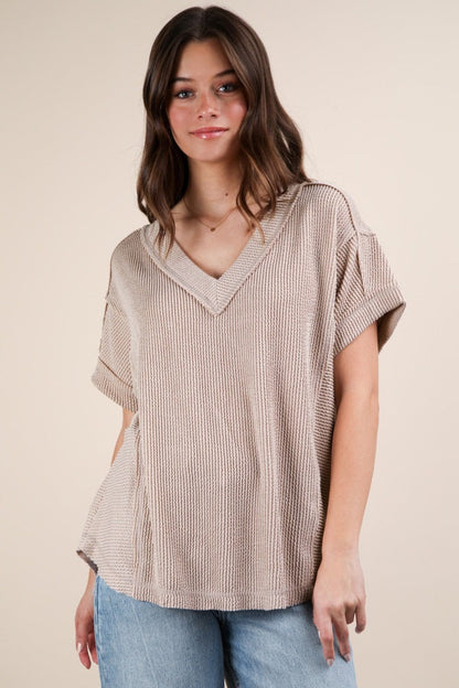 Beige Ribbed Raw Hem Maternity Short Sleeve Top