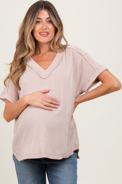 Beige Ribbed Raw Hem Maternity Short Sleeve Top