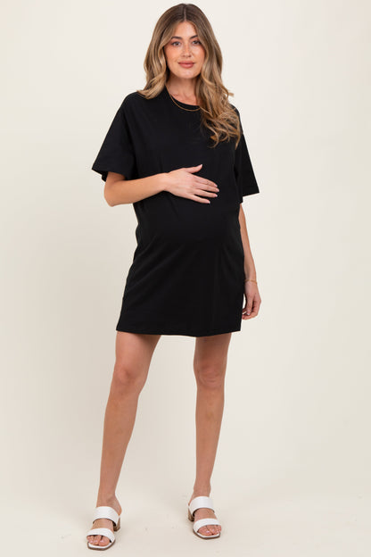 Black Crewneck Short Sleeve Maternity T-Shirt Dress