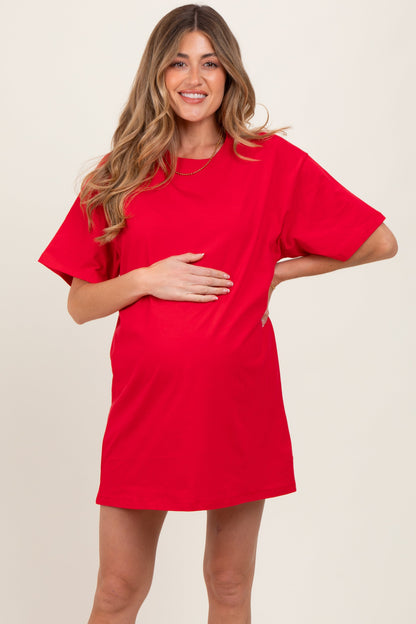 Red Crewneck Short Sleeve Maternity T-Shirt Dress