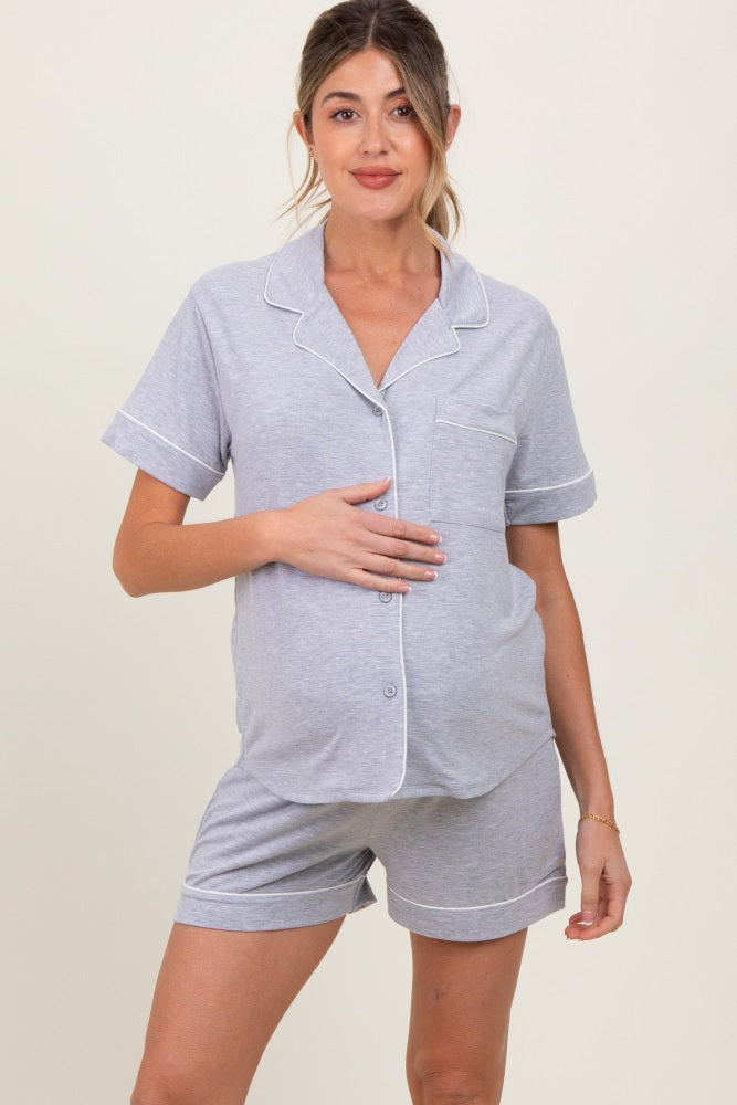 Heather Grey Short Sleeve Button Down Shirt Shorts Maternity Set