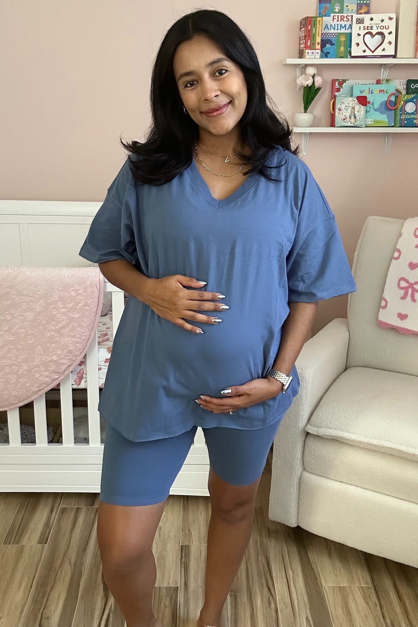 Blue Oversized V-Neck Biker Short Maternity Set