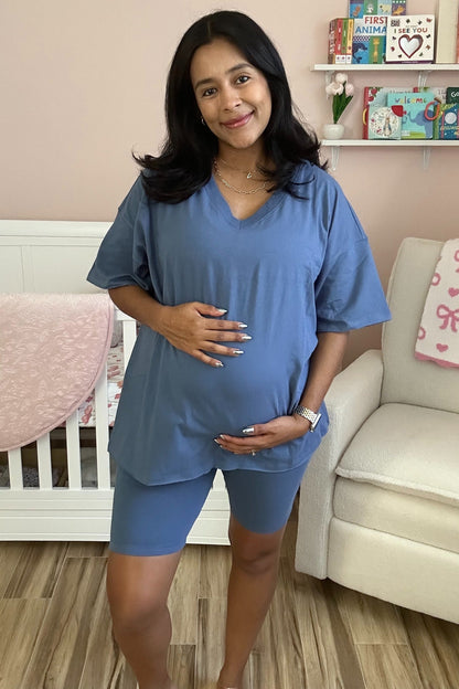 Blue Oversized V-Neck Biker Short Maternity Set