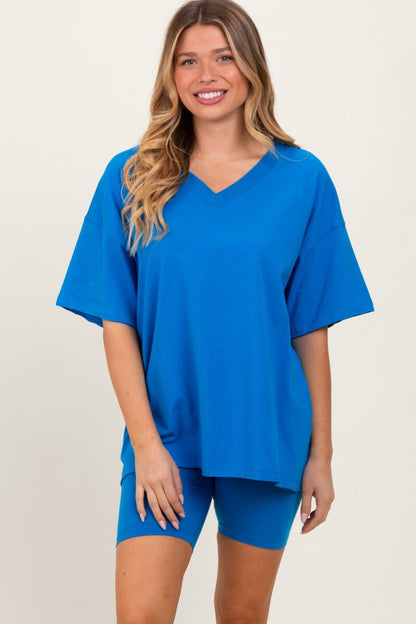 Aqua Oversized V-Neck Biker Short Maternity Set