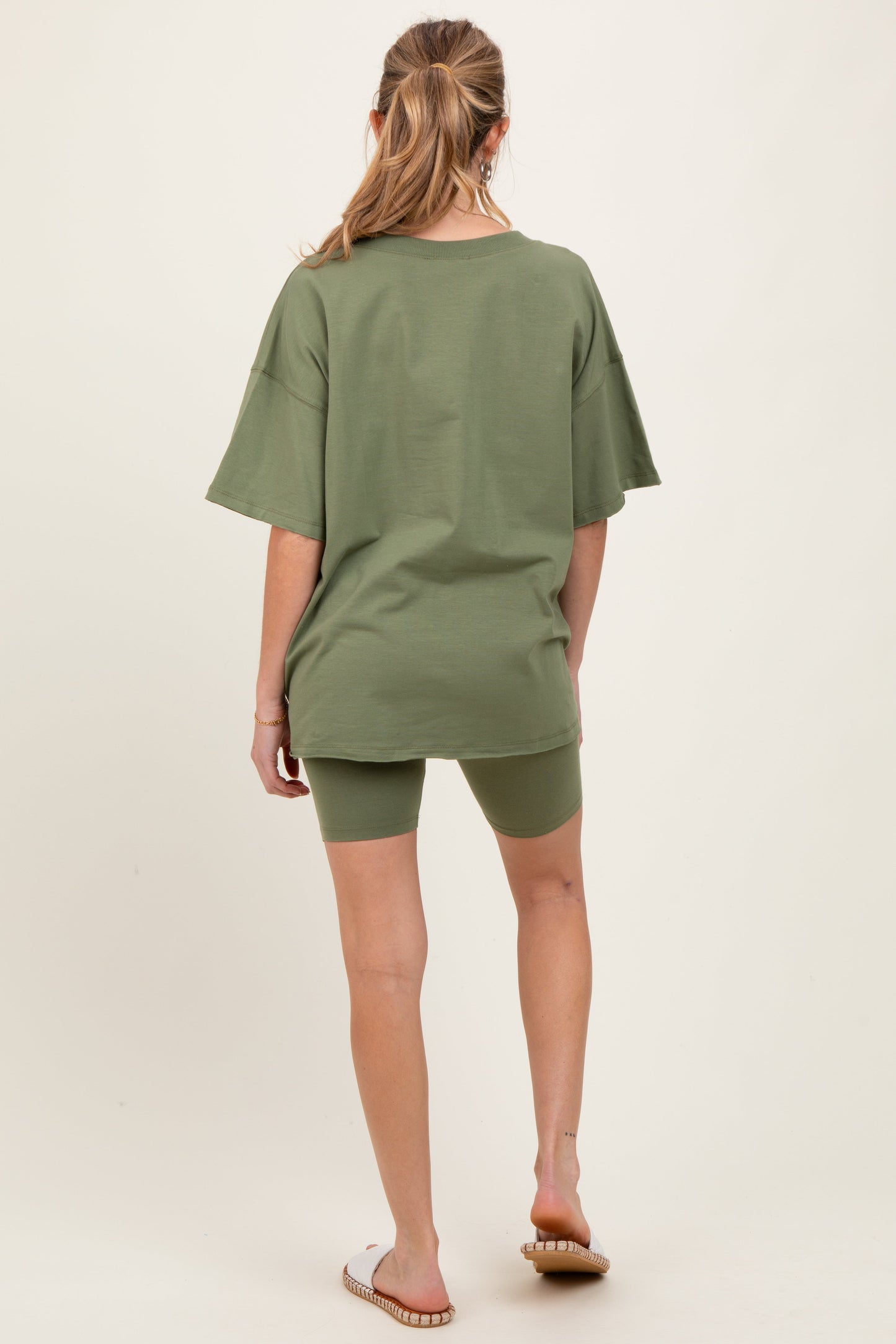 Olive Oversized V-Neck Biker Short Maternity Set