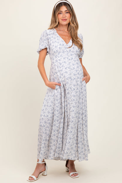 Light Blue Floral Button Down Maternity Dress