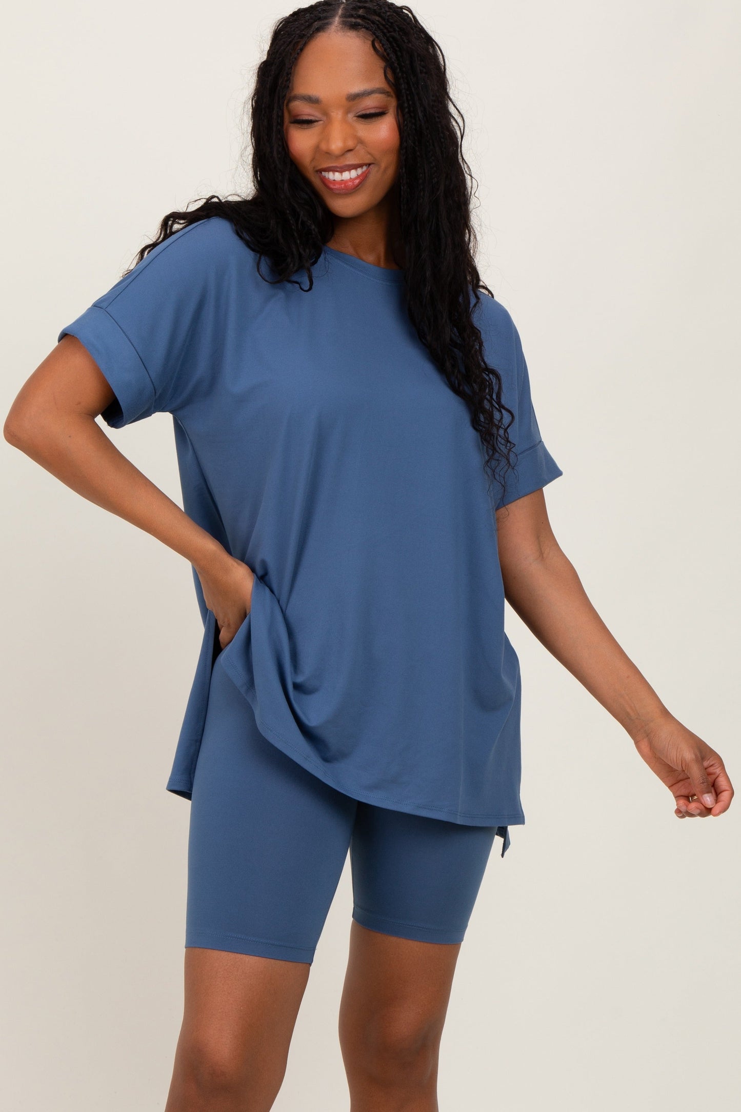 Blue Hi-Low Short Sleeve Tee Biker Short Maternity Set