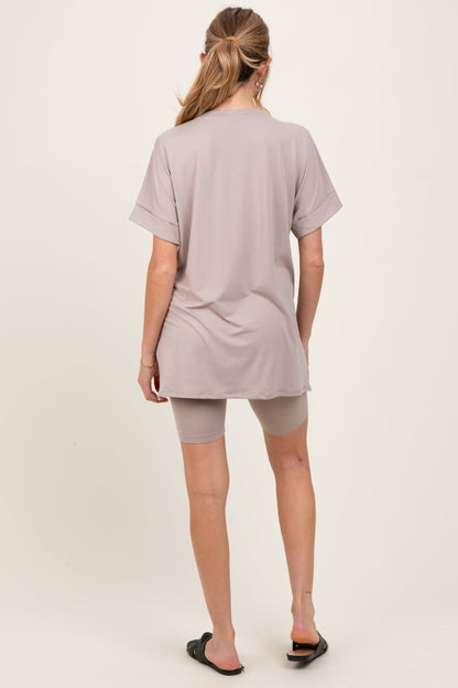 Beige Hi-Low Short Sleeve Tee Biker Short Maternity Set